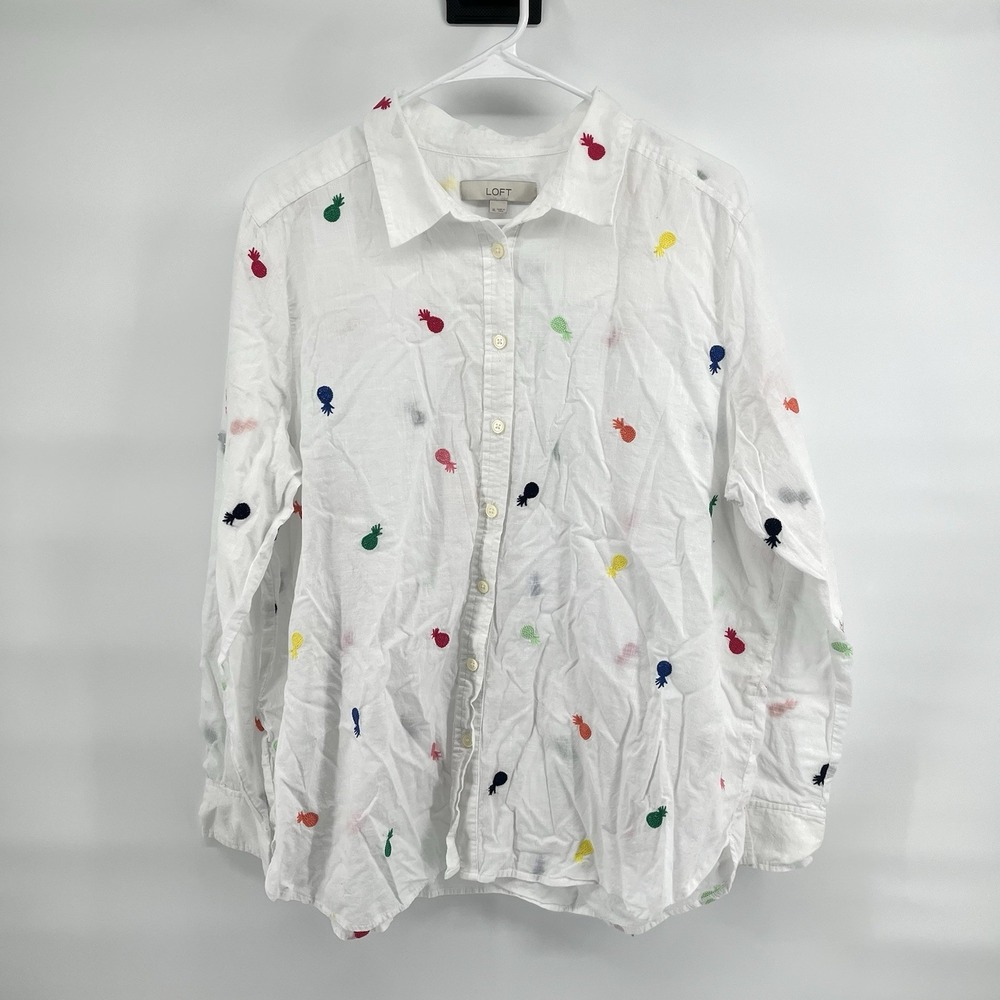Loft Women's Blouse Size XL Embroidered Pineapple Fruit AOP Cotton Long Sleeve